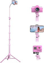 Load image into Gallery viewer, UBeesize 88’’ Flexible Phone Tripod with 14.95’’ Gooseneck, Remote and Phone Holder, Overhead Cell Phone Stand?Selfie Stick for Video Recording, Compatible with iPhone Android Phone, Camera Pink
