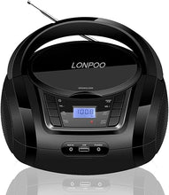 Load image into Gallery viewer, LONPOO CD Player Portable Boombox with FM Radio/USB/Bluetooth/AUX Input and Earphone Jack Output, Stereo Sound Speaker &amp; Audio Player,Black
