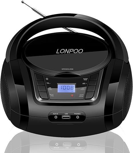 LONPOO CD Player Portable Boombox with FM Radio/USB/Bluetooth/AUX Input and Earphone Jack Output, Stereo Sound Speaker & Audio Player,Black