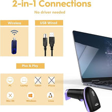 Load image into Gallery viewer, NADAMOO Wireless Barcode Scanner 328 Feet Transmission Distance USB Cordless 1D Laser Automatic Barcode Reader Handhold Bar Code Scanner with USB Receiver for Store, Supermarket, Warehouse - Violet

