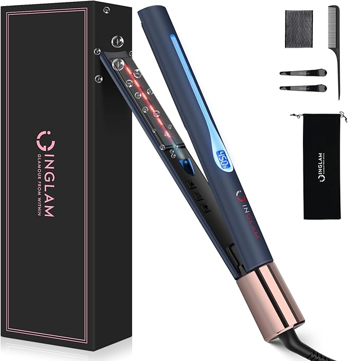 IG INGLAM Titanium Flat Iron Hair Straightener, 1 Inch Curling Iron, Infrared Negative Ionic Hair Iron Straightener 11 Adjust Temp 250°F-450°F, Shiny Hair Dual Voltage 110-240V, Gift, Prussian Blue