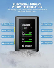 Load image into Gallery viewer, Donner VPM-20 Wireless Lavalier Microphone for USB-C/Lightning iPhone iPad Android Camera, with Charging Box, Dual-Channels Mics, Plug-Play, 1000ft Range, 48KHz 24Bit, Noise Cancellation, 40h Use Max
