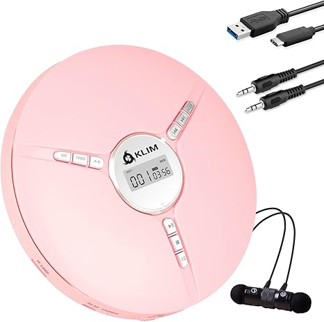 KLIM Discman Portable CD Player with a Built-in Battery - New 2024 - Ideal Car CD Player with Earphones - Compatible CD-R CD-RW MP3 Compact Mini CD Players Personal CD Walkman - Pink