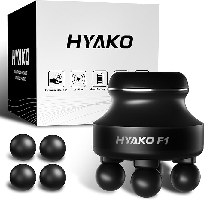 HYAKO F1 4-Heads Handheld Electric Deep Tissue Body Massager – Portable Orbital Professional Muscle Massager Tool for Easing Shoulder and Back Tension and Chiropractic Tool for Myofascial Release