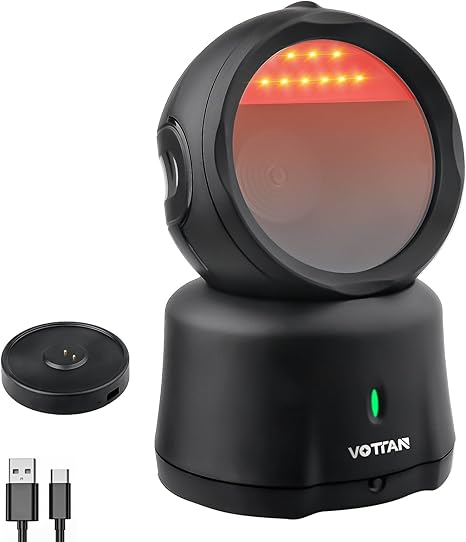 VOTTAN Omni-Directional Desktop Barcode Scanner, Bluetooth + 2.4G Wireless Hands-Free Barcode Reader, 360° Rotating Charging Stand Adjustable Scan Head 2D QR Code Presentation Scanner