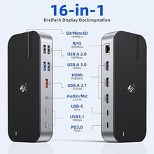 Load image into Gallery viewer, Laptop Docking Station,16 in 1 Docking Station USB C Dock Triple Monitor,USB C Docking Station with 3 HDMI,PD 100W, USB 3.1/3.0/2.0,RJ 45 Ethernet,SD/TF,Audio for Dell/HP/Lenovo
