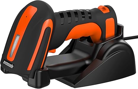 Symcode Bluetooth 2D QR Barcode Scanner with Charging Stand,Industrial Dustproof and Waterproof 3 in 1 Compatible with Bluetooth & 2.4GHz Wireless & Wired Connection with Vibration Alert Orange