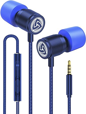 LUDOS Ultra Wired Earbuds in-Ear Headphones, 5 Years Warranty, Earphones with Microphone, Noise Isolating Ear Buds, Memory Foam for iPhone, Samsung, School Students, Kids, Women, Small Ears - Blue