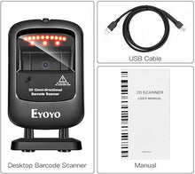 Load image into Gallery viewer, Eyoyo 1D 2D Desktop Barcode Scanner, Omnidirectional Hands-Free USB Wired Barcode Reader, Capture Barcodes from Mobile Phone Screen, Automatic Image Sensing for Supermarket Library Retail Store
