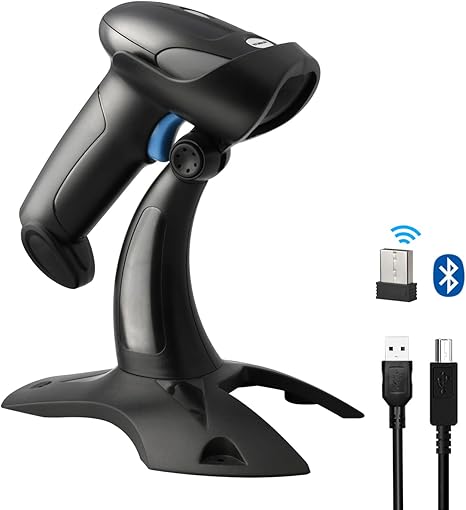 Sumicor Bluetooth Wireless Barcode Scanner with Stand, Handfrees Automatic Scanning & Manual Trigger Hand Barcode Scanner Gun, 1D 2D QR Code DM Scanner Work with Smart Phone, Tablet, PC