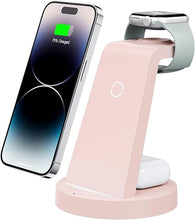 Load image into Gallery viewer, Anlmz 3 in 1 Charging Station for iPhone, Wireless Charger for iPhone 15 14 13 12 11 X Pro Max &amp; Apple Watch - Charging Stand Dock for AirPods (Pink)
