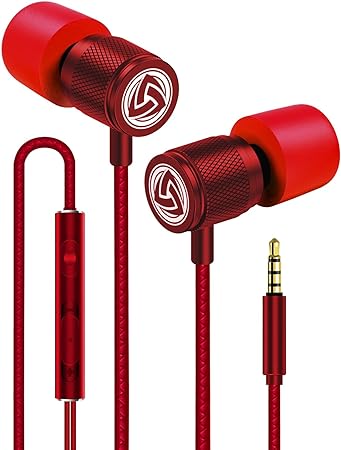 LUDOS Ultra Wired Earbuds in-Ear Headphones, 5 Years Warranty, Earphones with Microphone, Noise Isolating Ear Buds, Memory Foam for iPhone, Samsung, School Students, Kids, Women, Small Ears - Red