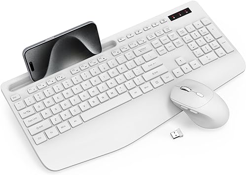 Wireless Keyboard and Mouse Combo - Full-Sized Ergonomic Keyboard with Wrist Rest, Phone Holder, Sleep Mode, Silent 2.4GHz Cordless Keyboard Mouse Combo for Computer, Laptop, PC, Mac, Windows,White