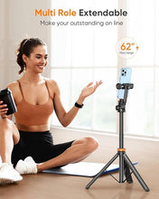 Load image into Gallery viewer, EUCOS 62" Phone Tripod, Tripod for iPhone &amp; Selfie Stick Tripod with Remote, Extendable Phone Tripod Stand &amp; Travel Tripod, Solidest Cell Phone Tripod Compatible with iPhone/Android
