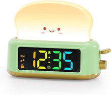 Load image into Gallery viewer, Alarm Clock for Kids, Toast Night Light Alarm Clock Battery Operated, 5 Alarm Tones, Nap Timer, Dual Alarm, Dimmer, Bedside Clock with Toast Lamp, Gifts for Kids Teens Boys Girls Toddler Room Decor
