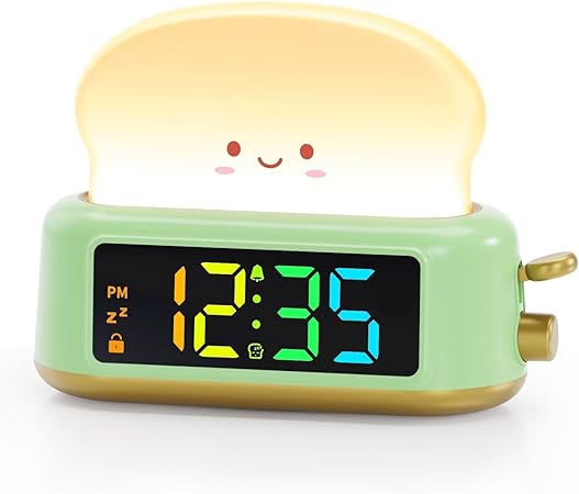 Alarm Clock for Kids, Toast Night Light Alarm Clock Battery Operated, 5 Alarm Tones, Nap Timer, Dual Alarm, Dimmer, Bedside Clock with Toast Lamp, Gifts for Kids Teens Boys Girls Toddler Room Decor