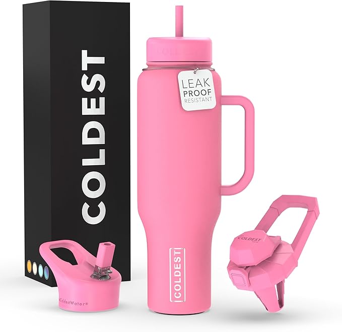 Coldest Tumbler with Handle and Straw Lid | 3 Lids Insulated Reusable Stainless Steel Water Bottle Travel Mug | Gifts for Women Him Her | Limitless Collection (46 oz, Pink Perfection)