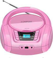 Load image into Gallery viewer, LONPOO Portable Boombox - CD Player, Bluetooth, USB, MP3, AUX, FM Radio, Portable, Built-in Stereo Speakers, Carrying Handle, LCD Display, Pink
