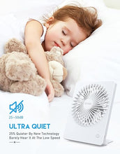 Load image into Gallery viewer, Zuvas Desk Fan Battery Operated Fan Rechargeable 180°Tilt Folding Personal Fan Ultra Quiet Small Portable Fan 3 Speed Adjustable Strong Wind USB Fan For Office Bedroom Home Desktop Camping (White)
