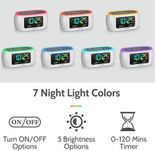 Load image into Gallery viewer, HOUSBAY Glow Small Colorful Alarm Clock Radio with Rainbow Digit, 7 Color Night Light with ON/Off Options, Dual Alarm, Dimmer, FM Radio with SleepTimer for Bedrooms
