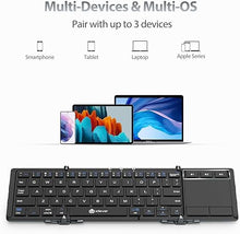 Load image into Gallery viewer, iClever Foldable Keyboard, BK08 Bluetooth Keyboard with Sensitive Touchpad, Multi Devices, Pocket-Sized Tri-Folding Portable Keyboard for iPad, iPhone, Smartphone, Laptop and Table
