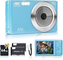 Load image into Gallery viewer, Digital Camera for Teens, FHD 4K 44MP Digital Camera Blue Autofocus with 64GB SD Card 16X Zoom, Cameras for Photography Compact Point and Shoot Camera for Teen Boy Girl Kids Camera Beginner
