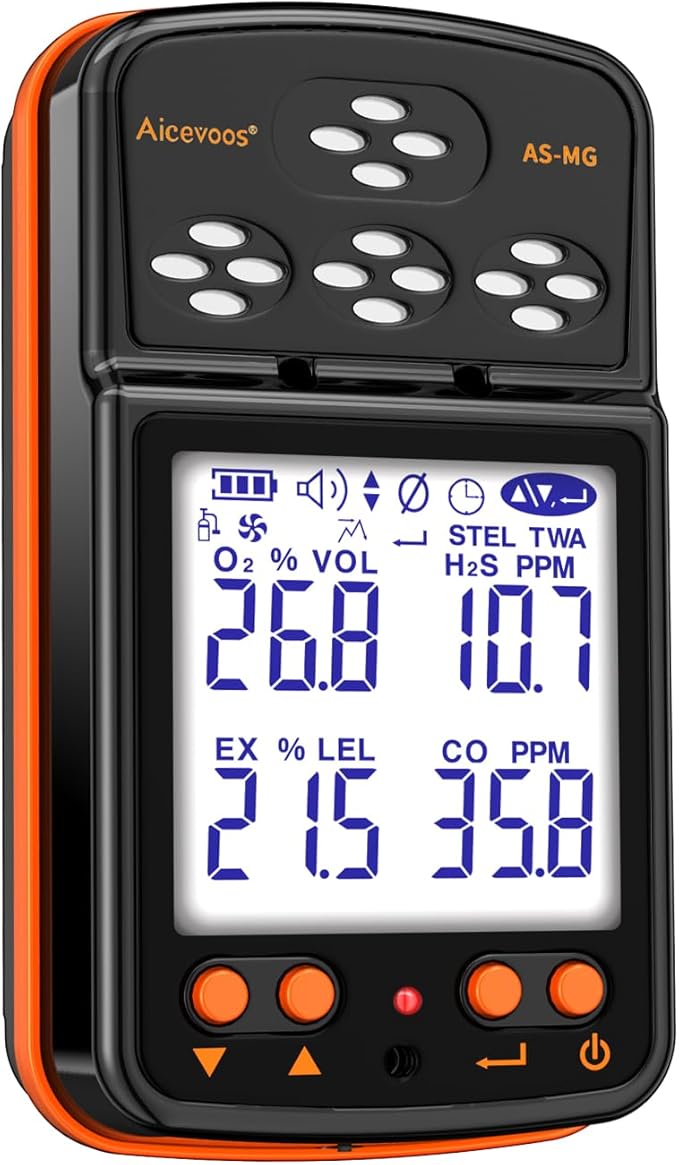 Gas Detector 4 Gas Monitor for H2S, O2, CO and EX Portable Visual Gas Monitor with Sound Light Vibration LCD Display, Rechargeable Multi Gas Detector Meter