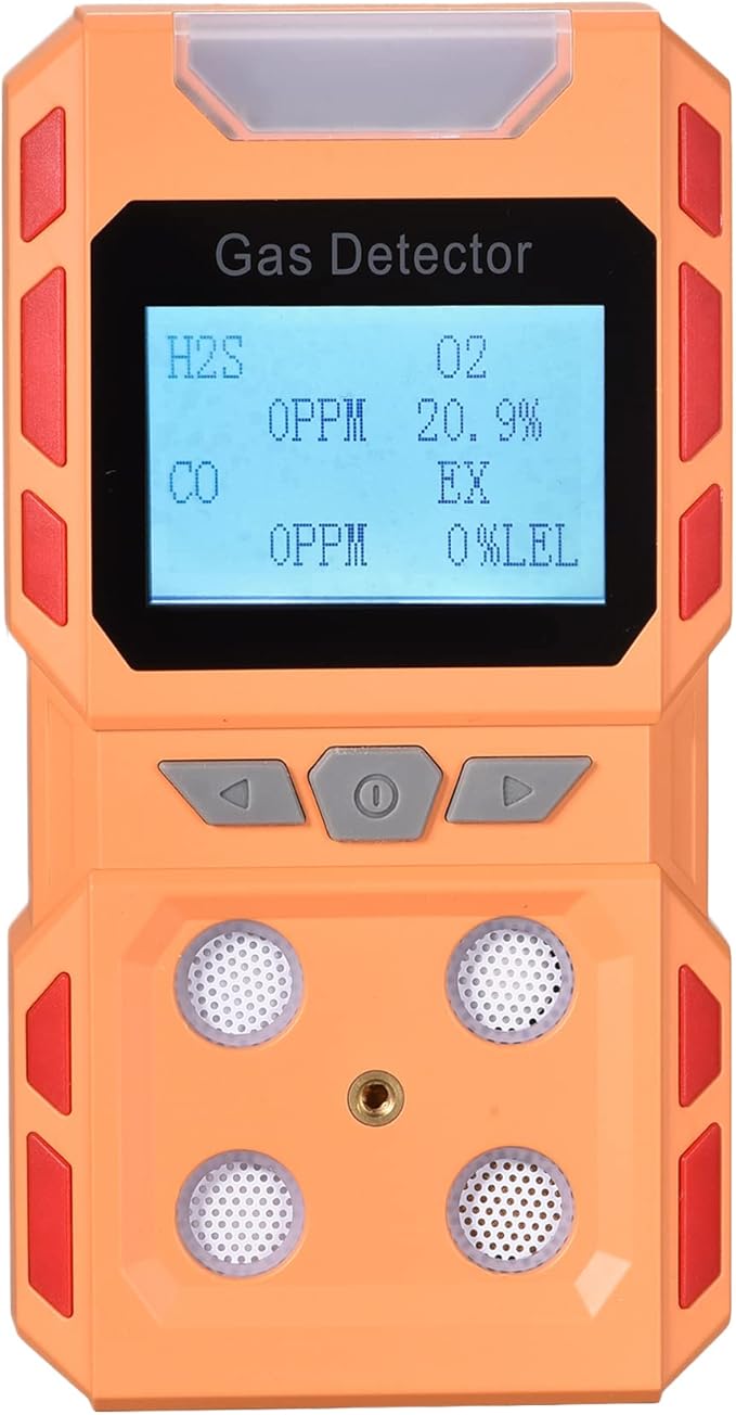 Portable 4 Gas Detector, Air Quality Gas Meter Monitor with Large Digital LCD Display, Rechargeable Battery Operated Gas Test Analyzer with Voice Light and Vibration Alarm mode (Orange)