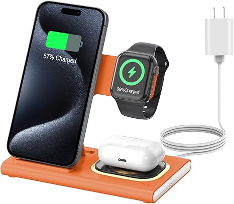 3 in 1 Foldable Charging Station for Apple Products,Fast Wireless Charger Travel Dock Adapter&Light for iPhone 16/15/14/13/12/11/X/XS,for iWatch 10/9/8/7/Ultra2/Ultra,for AirPods 4/3/2/Pro/2(Orange)