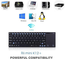 Load image into Gallery viewer, Rii K12+ Mini Wireless Keyboard with Large Touchpad Mouse&amp;Qwerty Keypad, Stainless Steel Portable Wireless Keyboard with USB Receiver for MacBook/iPad/Tablet/PC/Laptop/Smart TV/Raspberry Pi - Black
