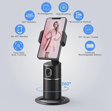 Load image into Gallery viewer, Auto Face Tracking Phone Holder, No App Required, 360° Rotation Face Body Phone Tracking Tripod Smart Shooting Camera Mount for Live Vlog Streaming Video, Rechargeable Battery-Black
