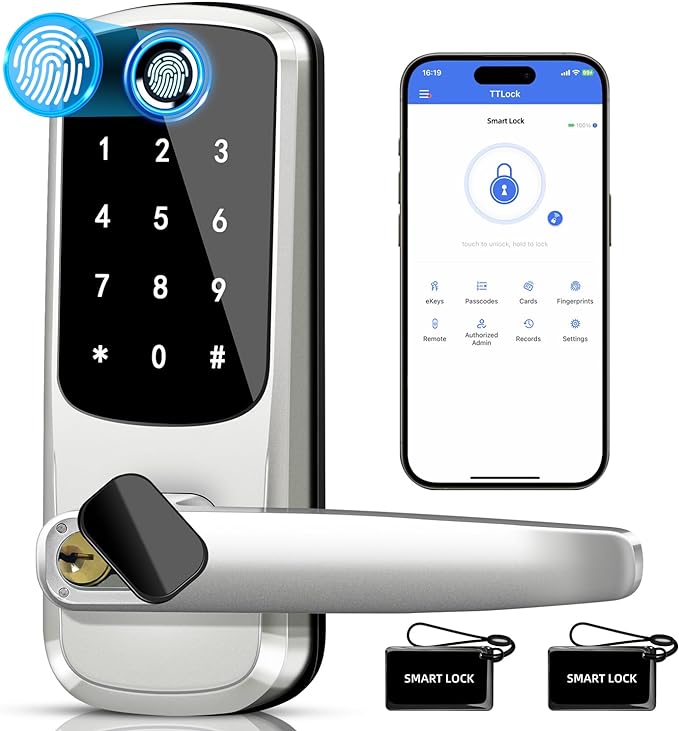 Keyless Entry Door Lock with Keypad - Fingerprint Door Lock - Door Handle Lock with Code - Smart Lock for Front Door - Electronic Digital Keypad Door Lock - Auto Lock & App Control