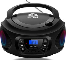 Load image into Gallery viewer, KLIM Boombox Portable Audio System - New Version 2024 - FM Radio CD Player Bluetooth MP3 USB AUX - Includes Rechargeable Batteries - Wired &amp; Wireless Modes - Compact and Sturdy - Black
