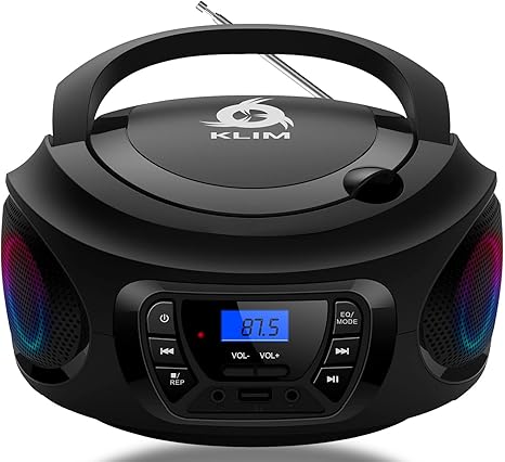 KLIM Boombox Portable Audio System - New Version 2024 - FM Radio CD Player Bluetooth MP3 USB AUX - Includes Rechargeable Batteries - Wired & Wireless Modes - Compact and Sturdy - Black