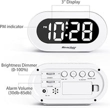 Load image into Gallery viewer, REACHER Small LED Digital Alarm Clock with Snooze, Simple to Operate, Full Range Brightness Dimmer, Adjustable Alarm Volume, Outlet Powered Compact Clock for Bedrooms, Bedside, Desk, Shelf(White)
