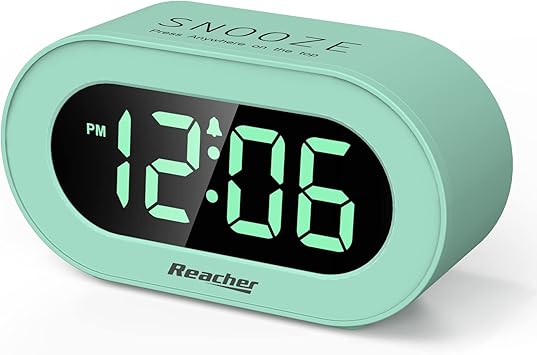 REACHER Kid's Alarm Clock for Bedroom, Mint Green LED Digit, 0-100% Dimmer, Outlet Powered, Adjustable Volume, Simple to Set and Use, Snooze, Small Size for Desk