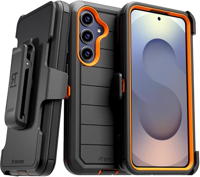 for Samsung Galaxy S25 Case with Belt Clip Holster & Kickstand, Screenless Protective Dual-Layer Shockproof Phone Case for Galaxy S25 - Black & Orange