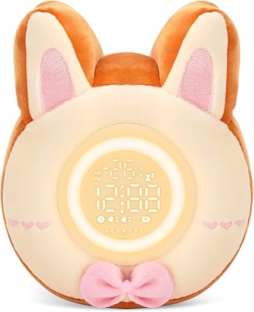 QANYI Bunny Night Light for Kids, Soft Lovely Stuffed Bunny Animal Plush Toy with Bunny Alarm Clock, Sleep Light Brightness for Bedroom, Kids, Gifting, Christmas, New Year