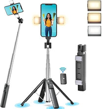 Load image into Gallery viewer, 41” Selfie Stick Tripod Quadrapod with 2 Rechargeable Fill Light, Extendable Tripod with Bluetooth Remote, Stainless Steel, 3 Light Modes, 9 Brightness Levels, Compatible for All iPhone &amp; Android

