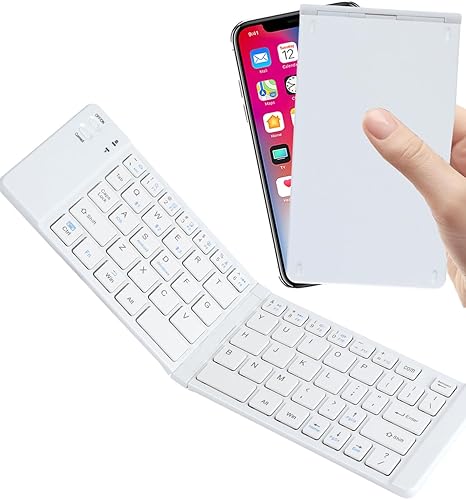 Wireless Keyboard Foldable Bluetooth Keyboard Slim Small Quiet Portable Compact Handheld Full Size Pocket Travel Folding Keyboard for PC Laptop Computer Phone Samsung Tablet iPhone iPad Mac White