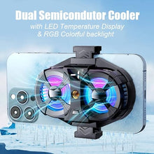 Load image into Gallery viewer, Mobile Phone Cooler with RGB Backlight and Temp Display, Cellphone Cooling Fan with Dual Semi-Conductor Cooling Chip, Compatible for iPhones/Android Phone Width from 6 to 8 cm
