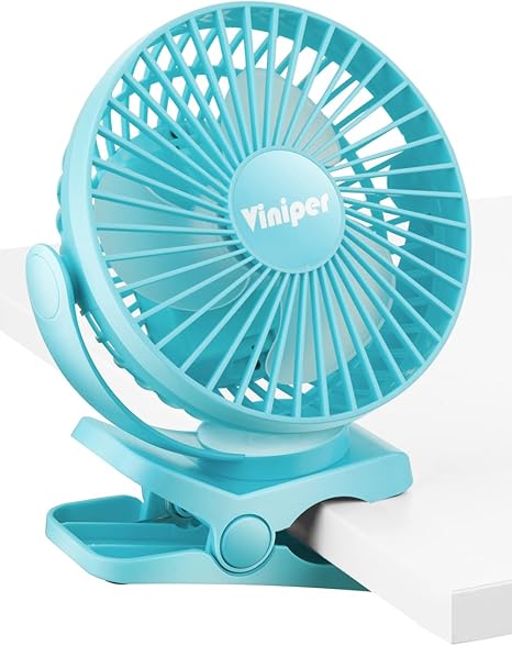 Viniper 6 inch Rechargeable Clip on Fan, 5000mah Battery Desk Fan : 360° Rotation & 3 Speeds Strong Wind Portable Fan, 8-30 Working Hours, Quiet and Powerful (Sky blue)