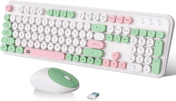 FOPETT 2.4GHz Wireless Keyboard and Mouse Set with Switch Button - Full-Size Keyboard - Compatible for Windows/Laptop/PC/Notebook/Smart TV and More - White Green