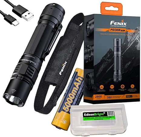 Fenix PD36R Pro 2800 Lumen USB Rechargeable LED Tactical Flashlight with EdisonBright Charging Cable Carry case Bundle