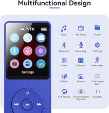 Load image into Gallery viewer, AGPTEK A02 MP3 Player with Bluetooth 5.3, 1.8 inch Screen Portable Music Player with Speaker, FM Radio, Voice Recorder, Supports Expanded Up to 128GB(Blue, 32GB)
