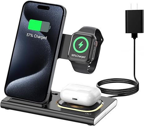 3 in 1 Foldable Charging Station for Apple Products,Fast Wireless Charger Travel Dock Adapter&Light for iPhone 16/15/14/13/12/11/X/XS,for iWatch 10/9/8/7/Ultra2/Ultra/SE,for AirPods 4/3/2/Pro/2(black)