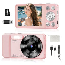 Load image into Gallery viewer, 64MP 4K Digital Camera, Hoestr 18X Zoom Autofocus Point and Shoot Compact Camera with 64GB TF Card, Flash, 2.8" LCD Screen for Teens Gifts Adult Beginner Travel Photography Vlogging (Pink)_1
