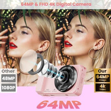 Load image into Gallery viewer, 64MP 4K Digital Camera, Hoestr 18X Zoom Autofocus Point and Shoot Compact Camera with 64GB TF Card, Flash, 2.8" LCD Screen for Teens Gifts Adult Beginner Travel Photography Vlogging (Pink)_1927
