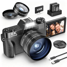 Load image into Gallery viewer, 6K 64MP Digital Camera for Photography NIKICAM Vlogging Camera for YouTube with 180 Flip Screen, WiFi,16X Digital Zoom, 52mm Lens, 2 Batteries, 32GB Micro SD Card(Black)_1

