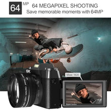 Load image into Gallery viewer, 6K 64MP Digital Camera for Photography NIKICAM Vlogging Camera for YouTube with 180 Flip Screen, WiFi,16X Digital Zoom, 52mm Lens, 2 Batteries, 32GB Micro SD Card(Black)_1421
